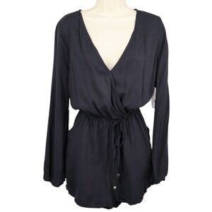 JustFab Black Draped Romper Long Sleeve Tie Waist Pockets Surplice NWOT Small